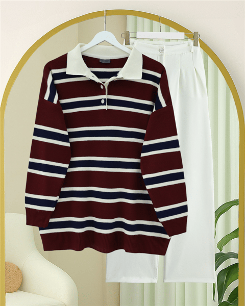 Polo Yaka Yarım Düğmeli Renkli Çizgili Triko Kazak -Bordo-Kazak-109-9755-R04