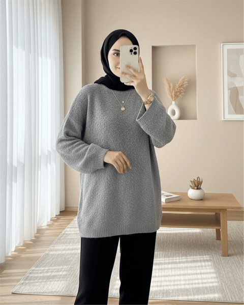 Ponpon Dokulu Salaş Triko Kazak -Gri-Kazak-385-3505-R11