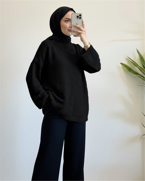 Ponpon Dokulu Salaş Triko Kazak -Siyah-Kazak-385-3505-R01