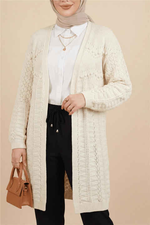 Ponponlu Karışık Desen Araboy Triko Hırka -Krem-Hırka-109-0980-R28