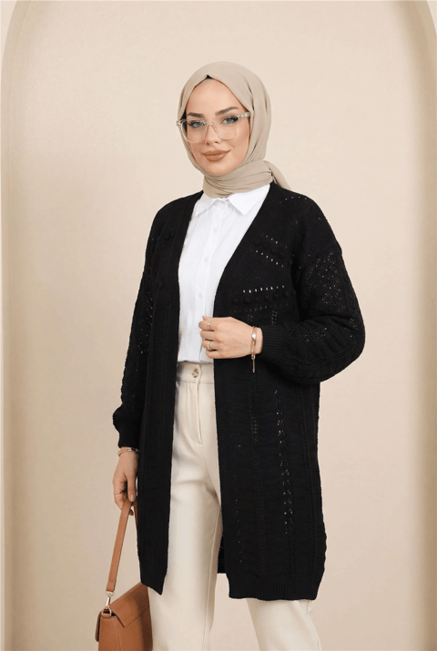 Ponponlu Karışık Desen Araboy Triko Hırka -Siyah-Hırka-109-0980-R01