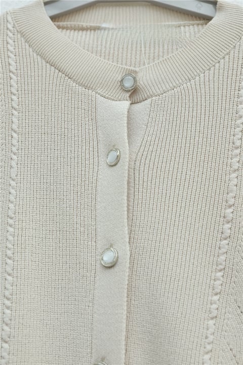 Poplin Kol Detaylı Düğmeli Triko Hırka -Taş-Hırka-364-1085-R43