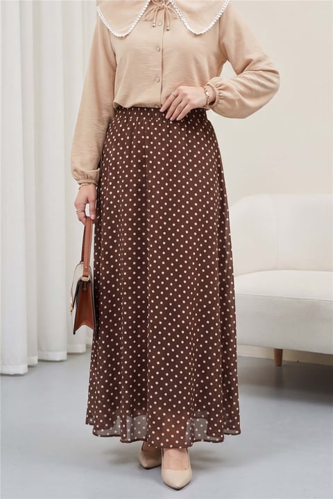 Puantiyeli Beli Lastikli Astarlı Şifon Etek -Kahve-Etek-349-8083-R15