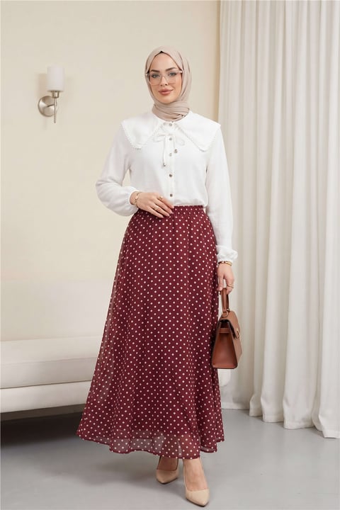 Puantiyeli Beli Lastikli Astarlı Şifon Etek -Bordo-Etek-349-8083-R04