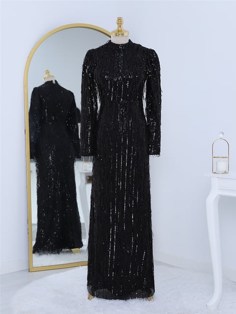 Pul Payet İşlemeli Abiye -Siyah-Tül Abiye-314-2314-R01