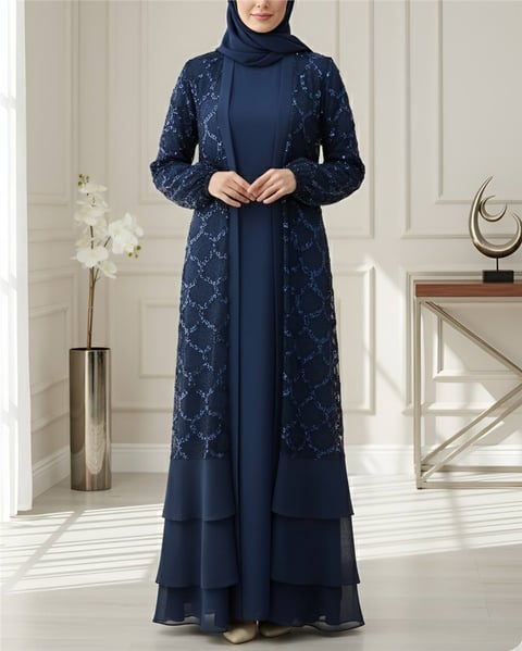 Pul Payetli Eteği Katlı Kemerli İkili Abaya -Laci-Abaya-316-4767-R03
