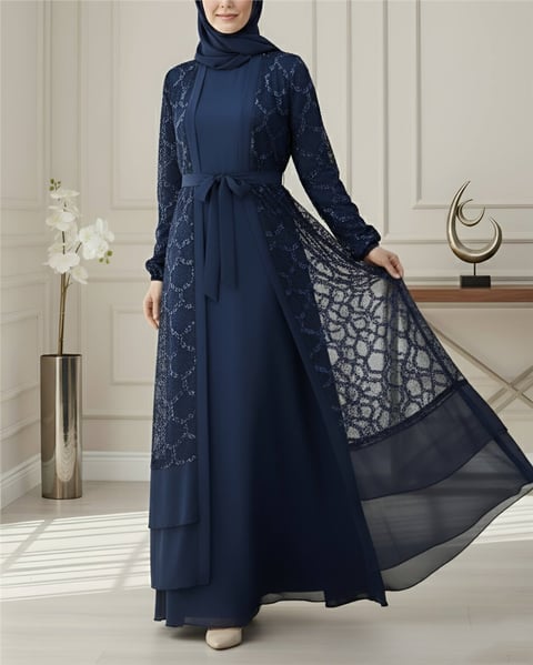 Pul Payetli Eteği Katlı Kemerli İkili Abaya -Laci-Abaya-316-4767-R03