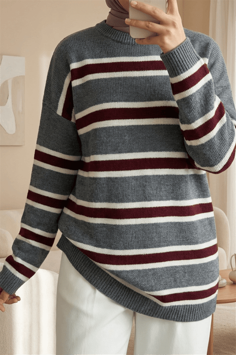 Renkli Çizgili Salaş Triko Tunik  -Füme-Tunik-109-0939-R18