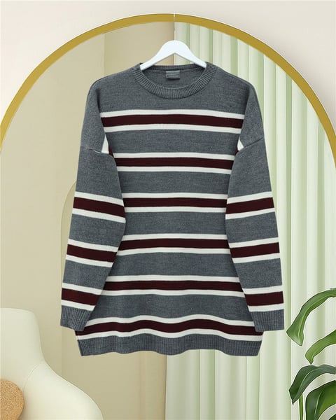 Renkli Çizgili Salaş Triko Tunik  -Füme-Tunik-109-0939-R18