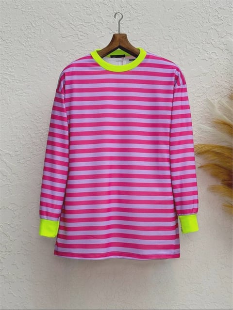 سويت شيرت برقبة دائرية مخطط ملون - فوشيا-Sweatshirt-349-6015-R14