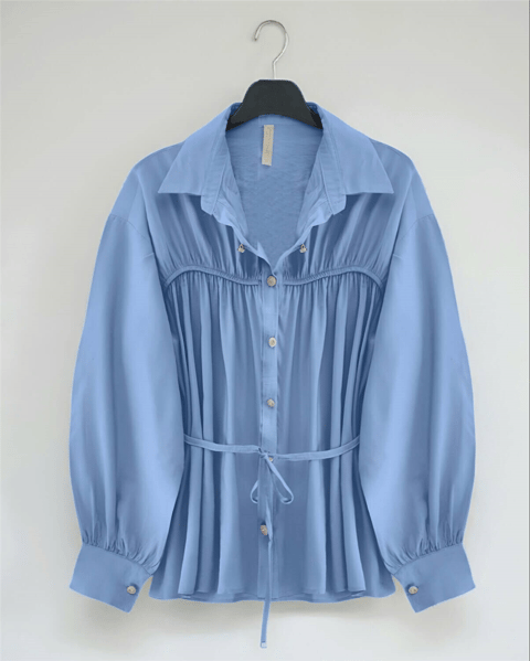 Robadan Büzgülü Beli Bağcıklı Gömlek -Bebe Mavi-Gömlek-398-1044-R32