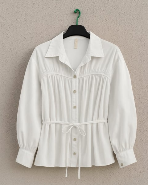 Robadan Büzgülü Beli Bağcıklı Gömlek -Beyaz-Gömlek-398-1044-R02