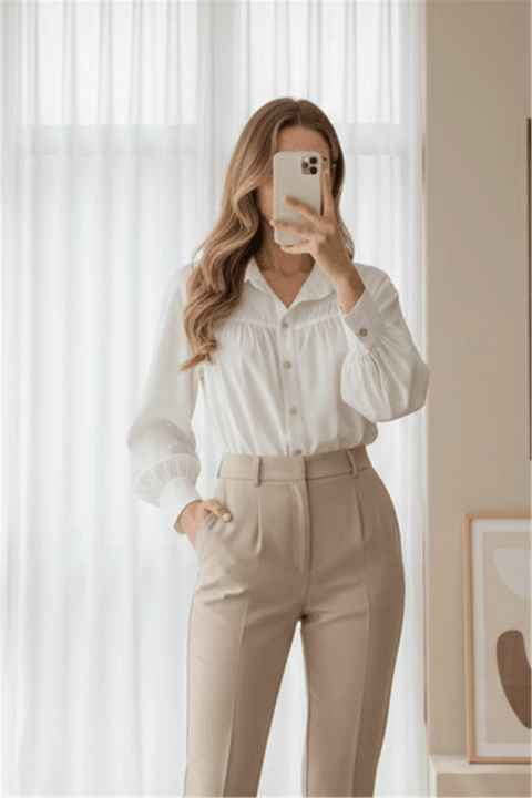 Robadan Büzgülü Beli Bağcıklı Gömlek -Beyaz-Gömlek-398-1044-R02