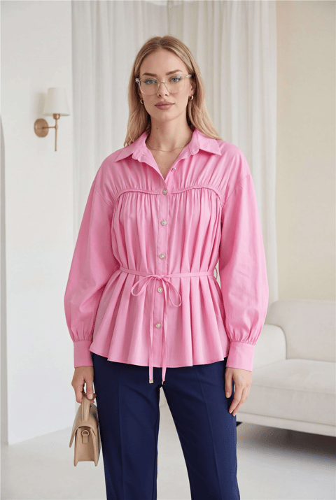 Robadan Büzgülü Beli Bağcıklı Gömlek -Pembe-Gömlek-398-1044-R20