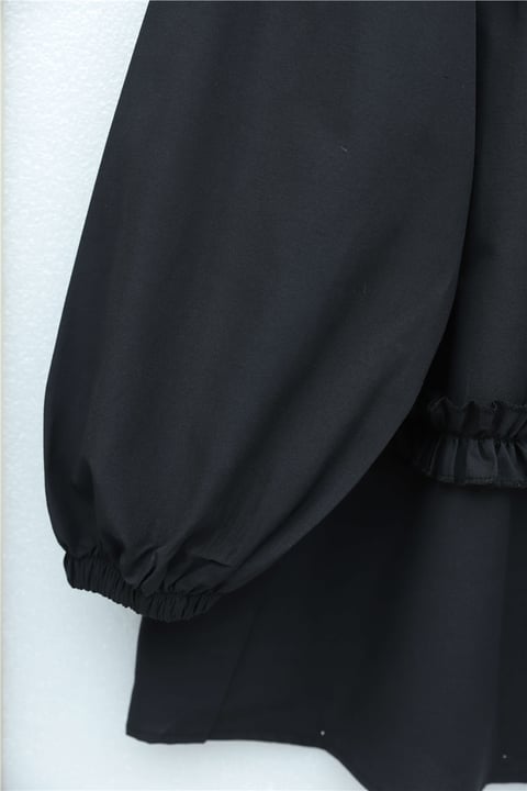 Robadan Lastikli Eteği Fırfırlı Düğmeli Poplin Tunik -Siyah-Tunik-398-11020-R01