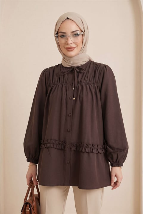 Robadan Lastikli Eteği Fırfırlı Düğmeli Poplin Tunik -K. Kahve-Tunik-398-11020-R54