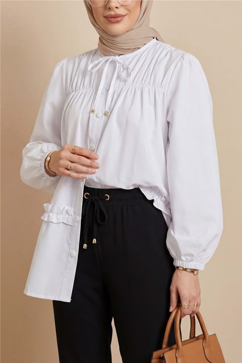 Robadan Lastikli Eteği Fırfırlı Düğmeli Poplin Tunik -Beyaz-Tunik-398-11020-R02