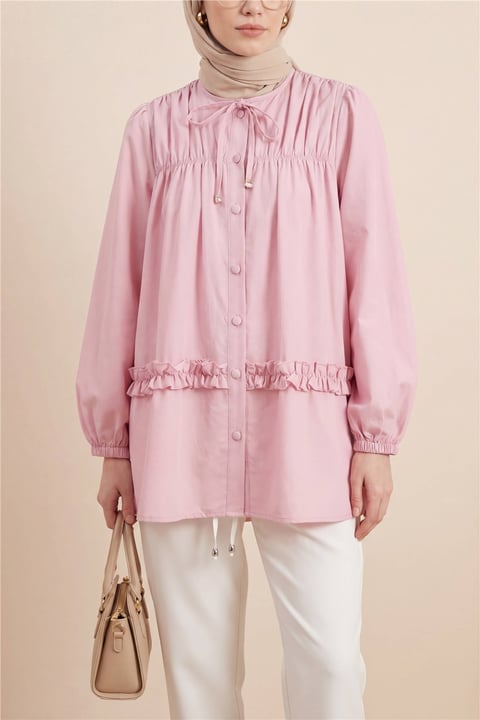 Robadan Lastikli Eteği Fırfırlı Düğmeli Poplin Tunik -Pembe-Tunik-398-11020-R20