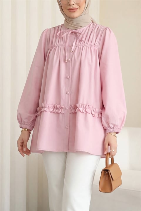 Robadan Lastikli Eteği Fırfırlı Düğmeli Poplin Tunik -Pembe-Tunik-398-11020-R20