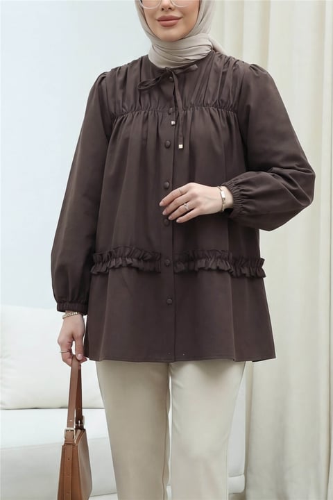 Robadan Lastikli Eteği Fırfırlı Düğmeli Poplin Tunik -K. Kahve-Tunik-398-11020-R54