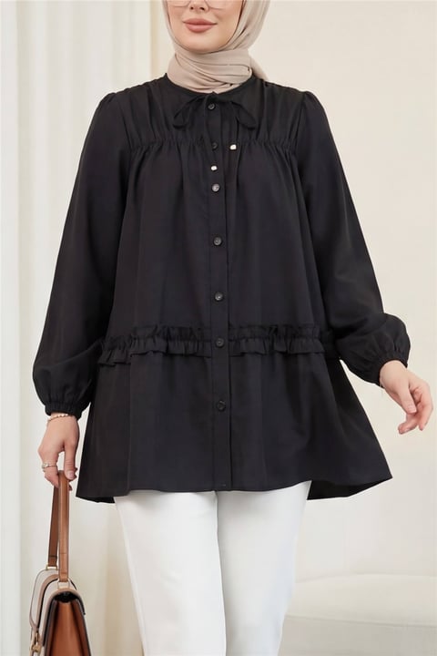Robadan Lastikli Eteği Fırfırlı Düğmeli Poplin Tunik -Siyah-Tunik-398-11020-R01