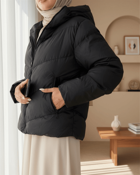 Sabit Kapşonlu Fermuarlı Kışlık Mont -Siyah-Şişme Mont-340-0947-R01