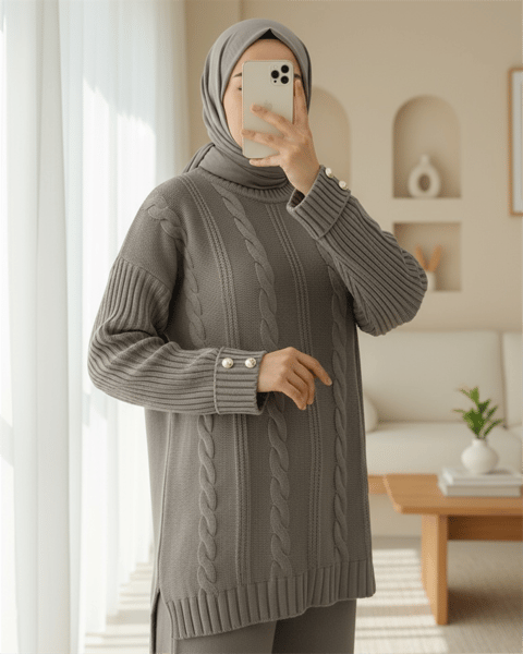 Saç Örgü Desen Kolu Düğme Detaylı Triko Takım -Toprak-Takım-295-4520-R55