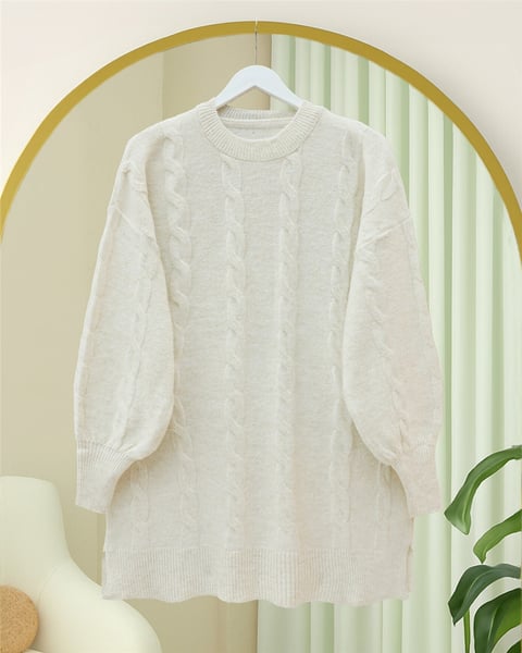 Saç Örgü Desen Yumoş Triko Kazak -Ekru-Kazak-295-4511-R07