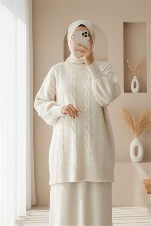 Saç Örgü Desen Yumoş Triko Kazak -Ekru-Kazak-295-4511-R07