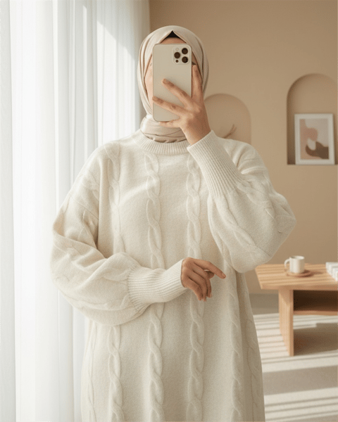 Saç Örgü Desen Yumoş Triko Kazak -Ekru-Kazak-295-4511-R07