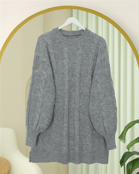 Saç Örgü Desen Yumoş Triko Kazak  -Gri-Kazak-295-4511-R11