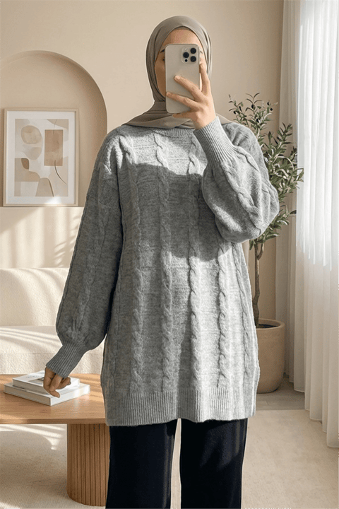 Saç Örgü Desen Yumoş Triko Kazak  -Gri-Kazak-295-4511-R11