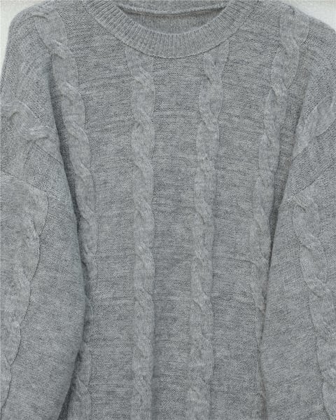 Saç Örgü Desen Yumoş Triko Kazak  -Gri-Kazak-295-4511-R11