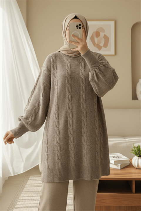 Saç Örgü Desen Yumoş Triko Kazak -Toprak-Kazak-295-4511-R55