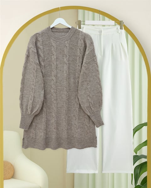Saç Örgü Desen Yumoş Triko Kazak -Toprak-Kazak-295-4511-R55