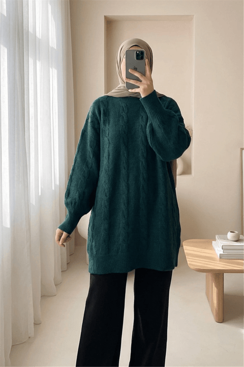 Saç Örgü Desen Yumoş Triko Kazak  -Zümrüt-Kazak-295-4511-R17