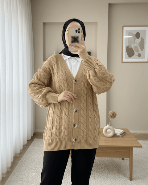 Saç Örgülü Düğmeli Triko Hırka -Vizon-Triko Hırka-109-0480-R23