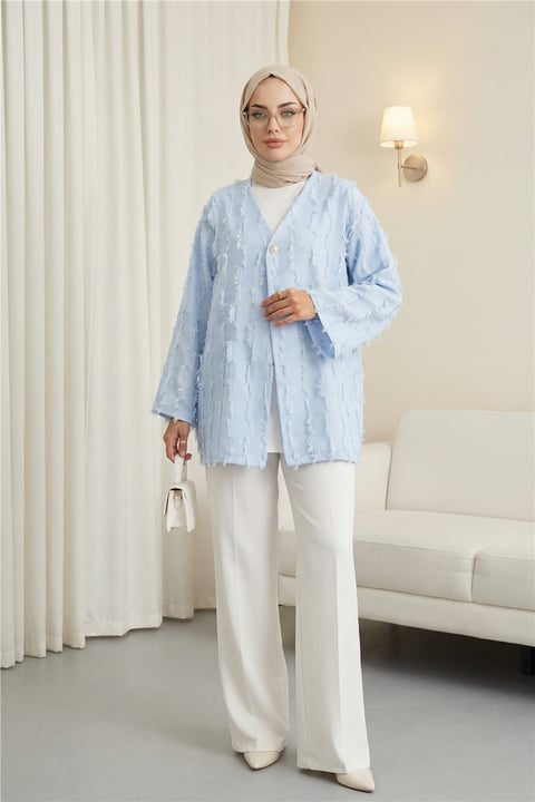 Saçaklı Tek Düğmeli Kare Desenli Kimona -Bebe Mavi-Kimono&Kaftan-307-2376-R32