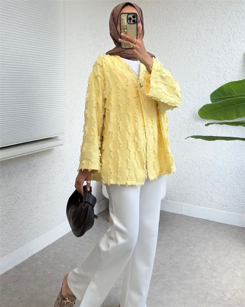 Saçaklı Tek Düğmeli Kare Desenli Kimona -Sarı-Kimono&Kaftan-307-2376-R22