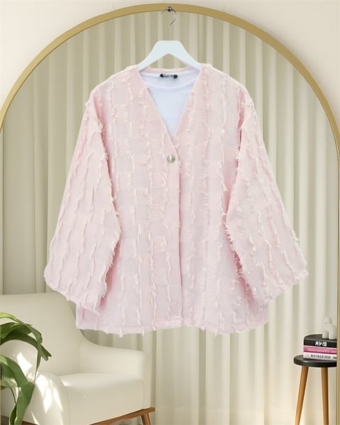 Saçaklı Tek Düğmeli Kare Desenli Kimona -Pudra-Kimono&Kaftan-307-2376-R06