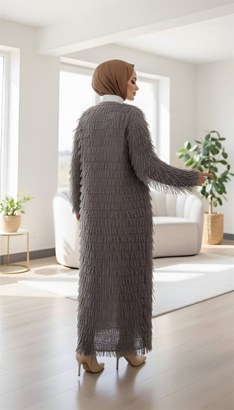 Saçaklı Uzun Triko Hırka -Toprak-Hırka-385-3813-R55