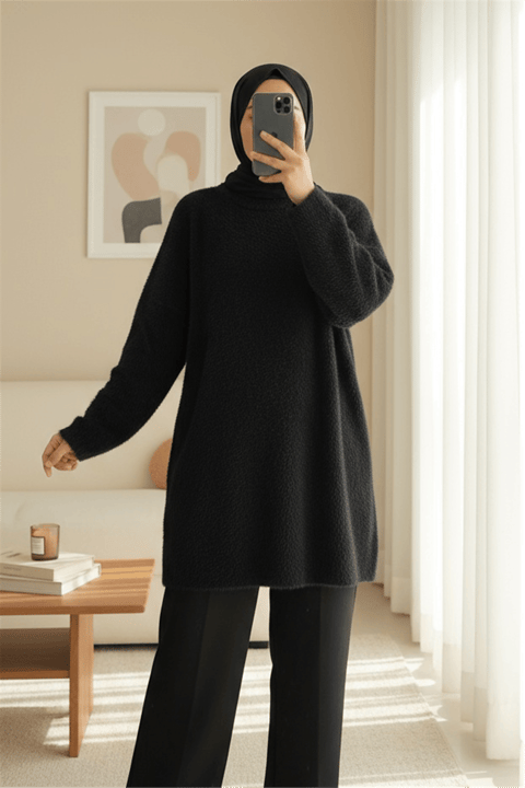 Sakallı Uzun Salaş Triko Tunik -Siyah-Tunik-295-4529-R01