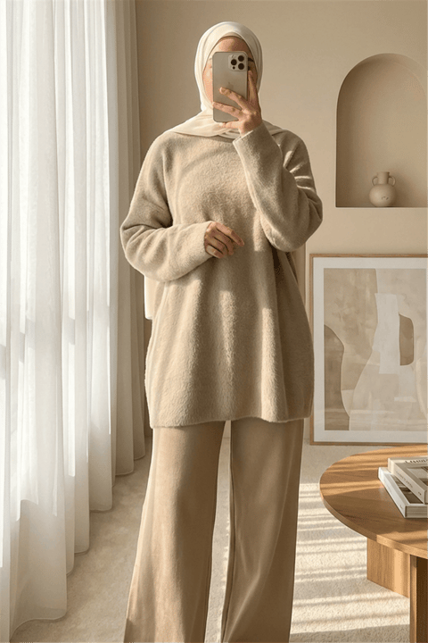 Sakallı Uzun Salaş Triko Tunik   -Vizon-Kazak-295-4529-R23