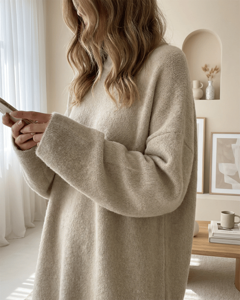 Kazak-Sakallı Uzun Salaş Triko Tunik   -Vizon-295-4529-R23