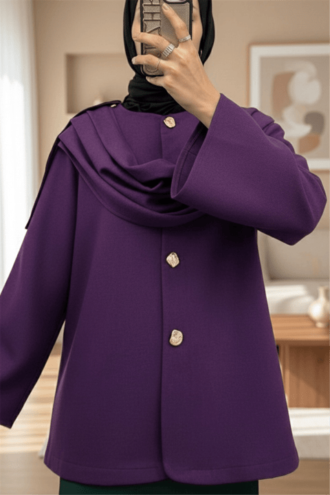 Şal Detaylı Kışlık Keçe Ceket -Mor-Ceket-307-0025-R34