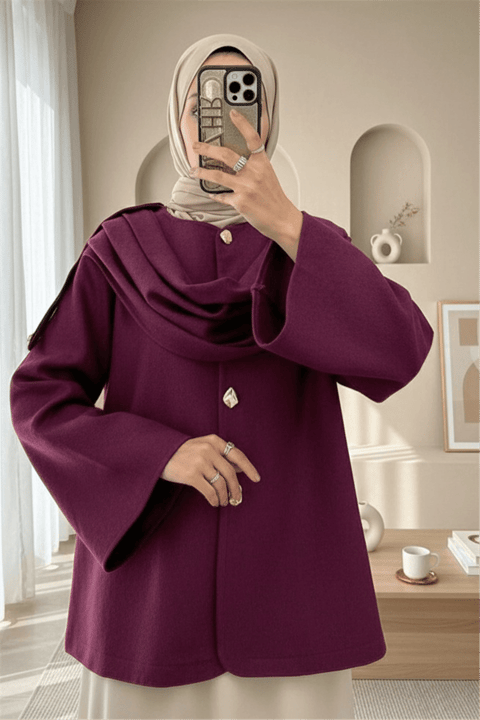 Şal Detaylı Kışlık Keçe Ceket -Mürdüm-Ceket-307-0025-R09
