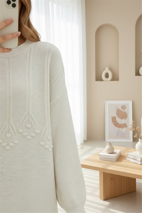Şerit Ve Ponpon Detaylı Yuvarlak Yaka Yumoş Triko Tunik -Ekru-Kazak-295-4512-R07