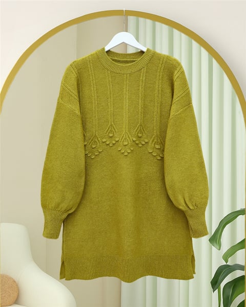 Şerit Ve Ponpon Detaylı Yuvarlak Yaka Yumoş Triko Tunik -Yağ Yeşili-Kazak-295-4512-R72