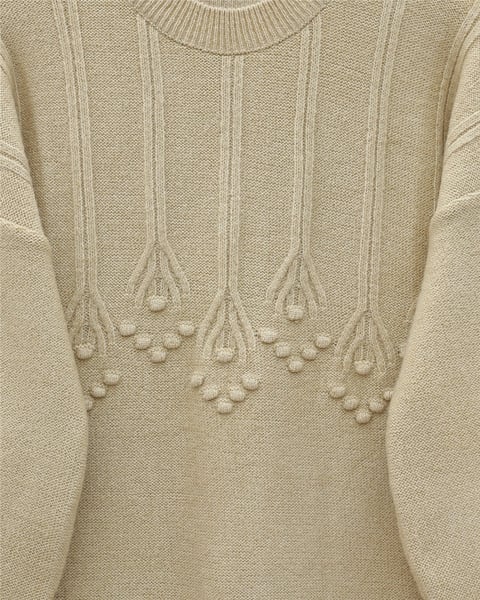 Şerit Ve Ponpon Detaylı Yuvarlak Yaka Yumoş Triko Tunik -Açık Vizon-Kazak-295-4512-R51