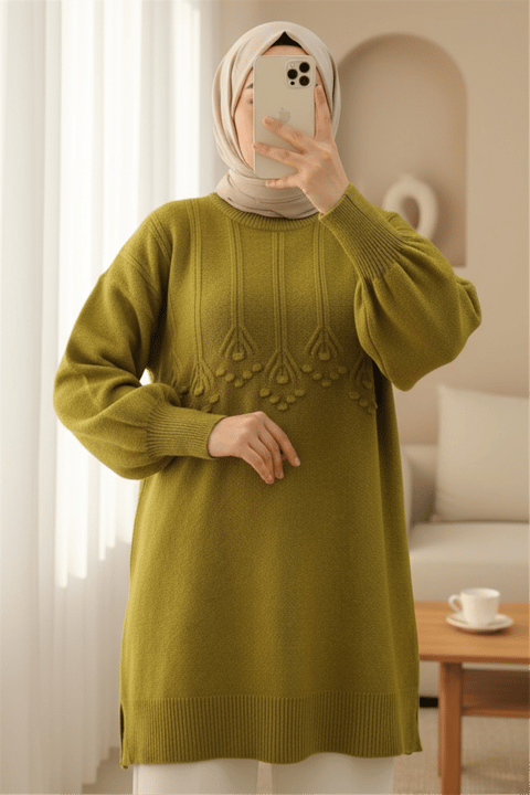 Şerit Ve Ponpon Detaylı Yuvarlak Yaka Yumoş Triko Tunik -Yağ Yeşili-Kazak-295-4512-R72